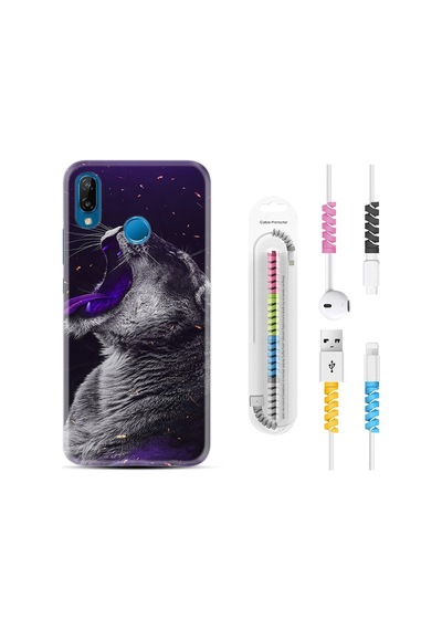 Huawei P20 Lite Kılıf Kablo Koruyuculu Purple Leopar 1750