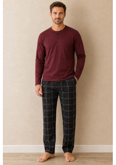 Pemilo Erkek 6118 %100 Pamuk Pijama Takım Bordo
