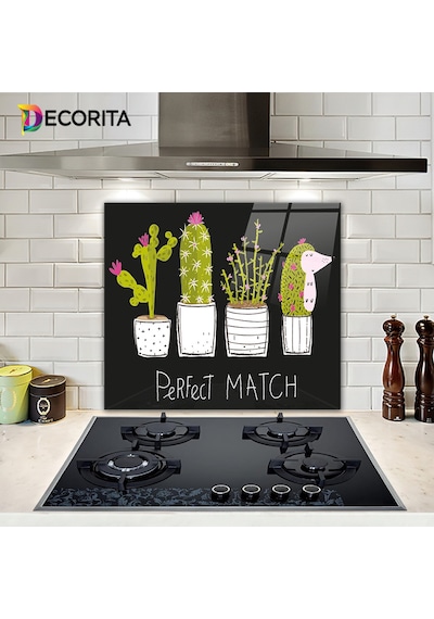 Cam Ocak Arkası Koruyucu | Perfect Match-Siyah Fon | 52cm x 60cm