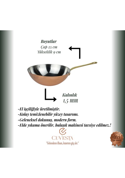 Cuvesta Modern El Yapımı Kalın 1.5mm Bakır Sote Sos Tavası 25 9cm