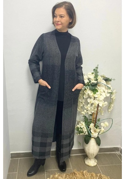 Mia Butik Büyük Beden Siyah Desenli Uzun Hırka Siyah