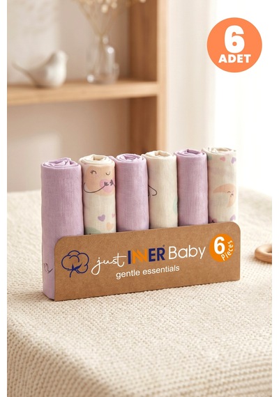 Just Inner Kız Bebek 6'lı Pamuklu Ağız Mendili Ayışığı Desenli Kutulu Set Nefes Alan Doku 684202 Lila
