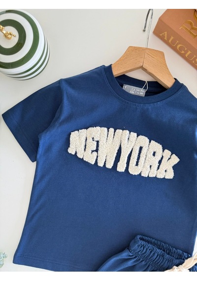 Magu Erkek Çocuk Pamuklu Mavi New York Yazı Aplikeli T-shirt Şort Takım