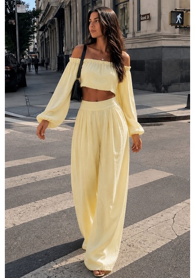 Madmext Sarı Madonna Yaka Bluz Bol Paça Pantolon Kadın Takım Mg2863