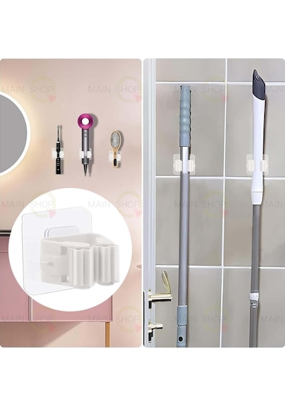 Mainshop Yapışkanlı Pratik Mop Temizlik Fırçası Tutucu Asma Askı Aparatı Paspas Sapı Tutucu 6 Adet M-310 Beyaz