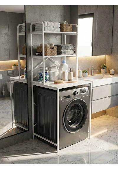 Çamaşır Makinesi Dolabı 2 Katlı Geniş Depolama Raf Ünitesi Metal Banyo Organizer Standı 260 Beyaz Çok Renkli