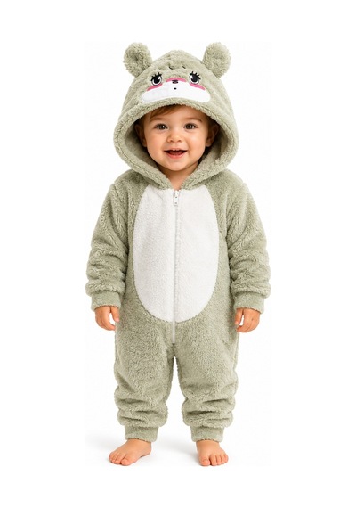 Tatlı Ayıcık Desenli Welsoft Peluş Kapüşonlu Fermuarlı Kışlık Unisex Bebek Tulumu 40197 Yeşil