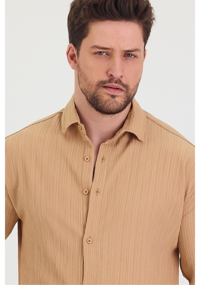 Tarz Cool Erkek Kendinden Çizgi Detaylı Slim Fit Dar Kalıp Uzun Kol Gömlek Krem