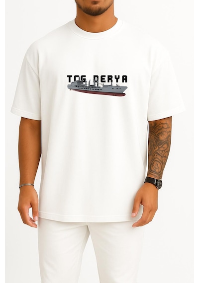 Bahriyeli Collection Oversize Tcg Derya - A1590 Göğüs Ve Sırt Tasarımlı Unisex T-shirt Beyaz