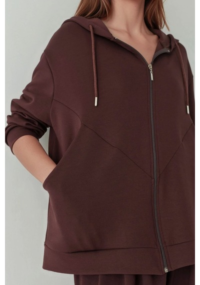 Hiccup Modal Touch Fermuarlı Kapşonlu Sweatshirt Kestane Kahvesi