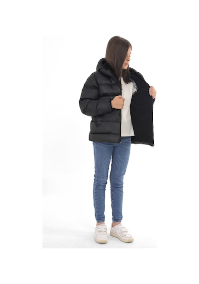 Spor Kız Çocuk Polarlı Kapüşonlu Su Geçirmez Rüzgara Dayanıklı Cepli Şişme Kışlık Mont-212 Siyah