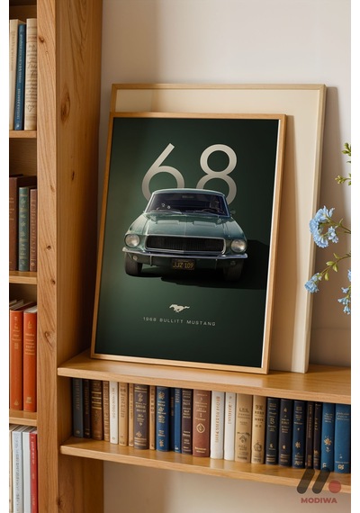 Ford Mustang Bullitt 1968 Poster, Ahşap Çerçeveli Duvar Tablosu - Oto Severlere Özel Hediye