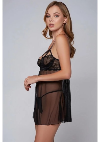 Ang Butik Kadın Özel Tasarım Siyah Dantel İşlemeli Tül Gecelik Takımı