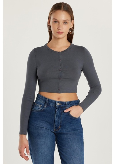 Tudors Kadın Slim Fit Dar Kesim Uzun Kollu Bisiklet Yaka Antrasit Hırka-34092 Antrasit