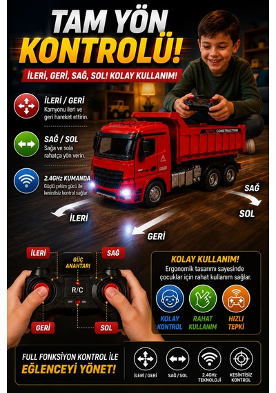 Şarjlı Uzaktan Kumandalı Rc Damperli Kamyon Büyük Boy Işıklı İnşaat Oyuncağı