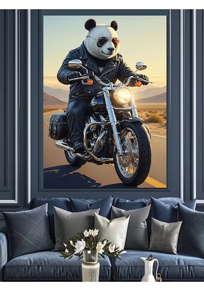 Motosiklet Süren Panda Ayısı Dekoratif Kanvas - Mdf Ahşap Tablo