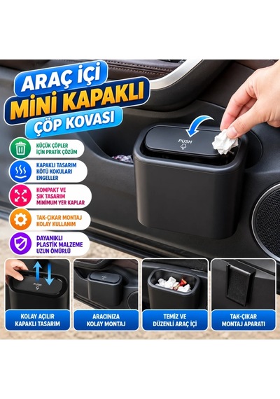 Ers Araç İçi Takılarak Sabitlenebilen Mini Kapaklı Çöp Kovası