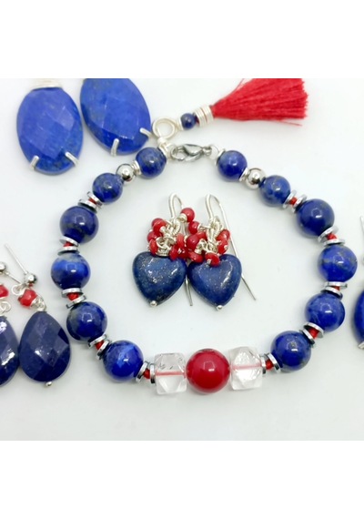 2752 Lapislazuli Mercan Kristal Kuvars Hematit Düğümlü El Yapımı Bileklik Kırmızı - Lacivert