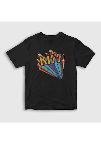 Presmono Unisex Çocuk Retro Kiss T-shirt Siyah