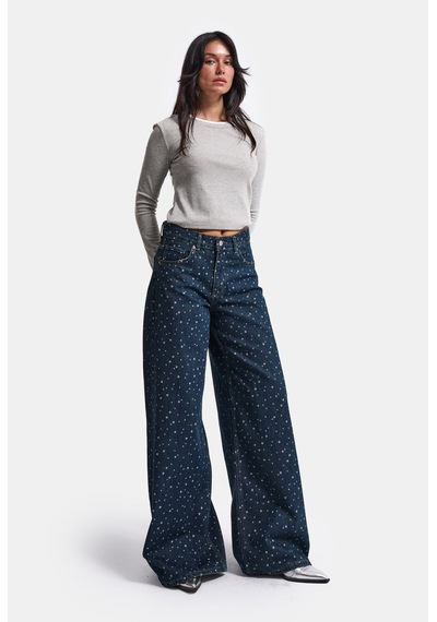 Kadın Koyu Mavi Puantiye P-1w6-11 Palazzo Fit Özel Tsarım Denim Jean
