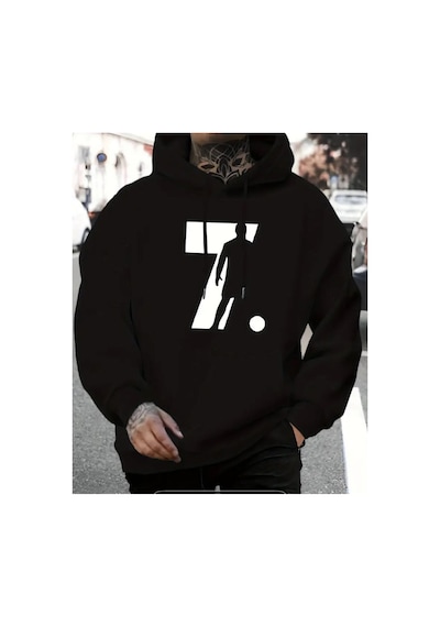 Herkesemoda Baskı Detaylı İçi Polarlı Kapüşonlu Sweatshirt Siyah