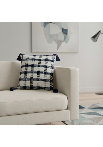 4 Lü Püsküllü Kırlent Kılıf Seti 45 45 Cm Modern & Şık Ev Dekoru Lacivert Beyaz