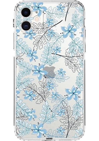 Apple Uyumlu iPhone 11kamera Korumalı Kapak Floral Mavi Tasarımlı Şeffaf Kılıf