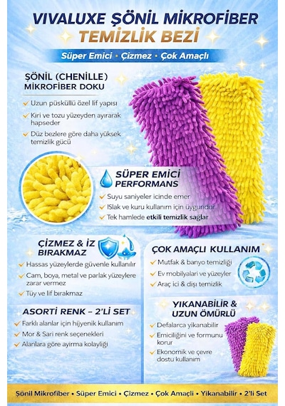 Mikrofiber Mop Yedeği, 2 Adet 50 Cm Asorti Renk, Süper Emici, Süper Yumuşak, Güçlü Temizlik B