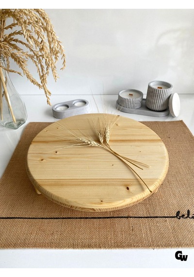 Yuvarlak Doğal Ahşap Sunum Tabağı Ayaklı Düz Ahşap Sunumluk Beyaz Çam Çap:28cm Yük:6,5cm Ş