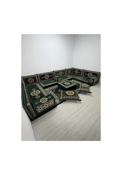Güneş Modeli Yeşil Otantik Şark Köşesi Takımı U Set - Yer Minderi Seti 10 Cm Minder Kalınlığı 18 Parça