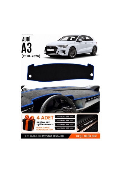 Audi A3 2020-2026 Uyumlu Torpido Koruma, Torpido Örtüsü, Torpido Kılıfı - Siyah Mavi