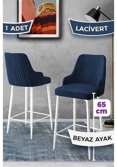 Canisa Tera Serisi 1 Adet 65 Cm Lacivert Ada Mutfak Bar Sandalyesi Babyface Kumaş Beyaz Metal Ayaklı Sandalyeler Lacivert Ayaklar Beyaz