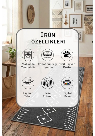 İskandinav Koyu Gri Dokulu Salon Mutfak Yatak Yıkanabilir Yolluk