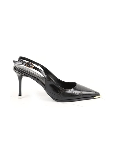 Libero L085.k3080 Kroko Desenli Metal Burunlu Slingback İnce Topuklu Kadın Stiletto Siyah