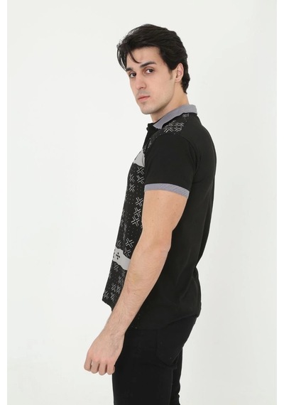 Erkek Yakalı Slim Fit Baskılı T-shirt - Siyah