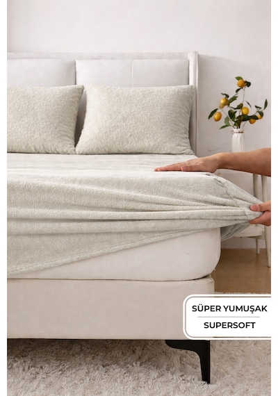 Süper Yumuşak Flanel Kadifemsi Peluş Lastikli Fitted Çarşaf Seti Kaymaz Tek/çift Kişilik Bej