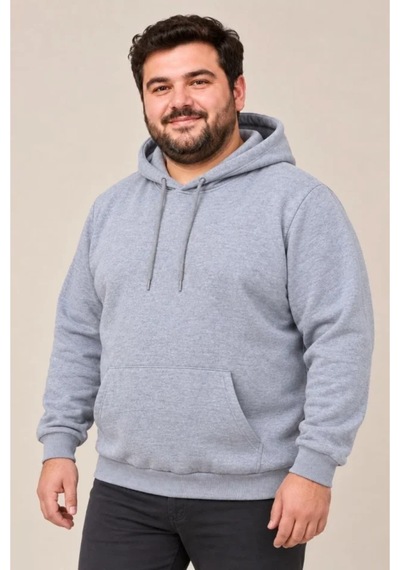 Butik İstanbul Erkek Battal Büyük Beden Üç İplik İçi Şardonlu Kapüşonlu Kanguru Cepli Kışlık Sweatshirt - Gri
