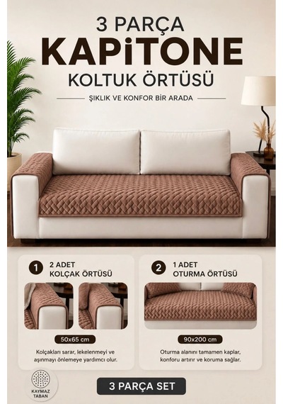 3 Parça Kaymaz Taban Kapitone 3'lü Koltuk Örtüsü Çekyat Kanepe Seti 90x200 Kahverengi Kahverengi