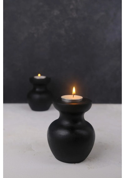 2 Li Siyah Büyük Nar Model Tealight Ahşap Şamdan Seti Dekoratif