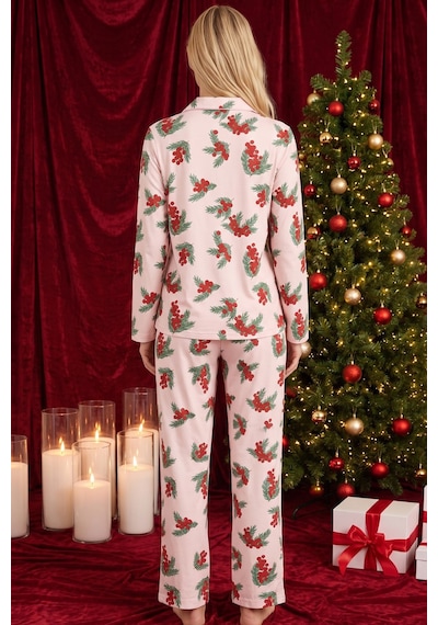 Siyah İnci Yılbaşı Temalı Desenli Termal Kumaşlı Ultra Soft Yumuşak Düğmeli Örme Pijama Takımı 26226114 Pembe
