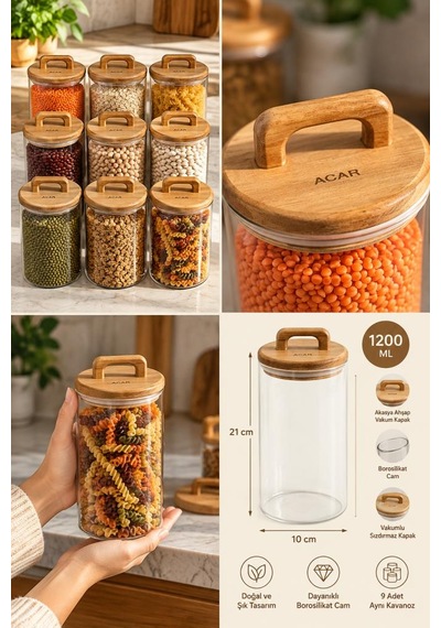 Atbyhome 9'lu Kulplu Ahşap Kapaklı Düz Cam Kavanoz Seti 1200 Ml - Vakumlu Borosilikat Erzak Bakliyat Kabı Ahşap - Şeffaf