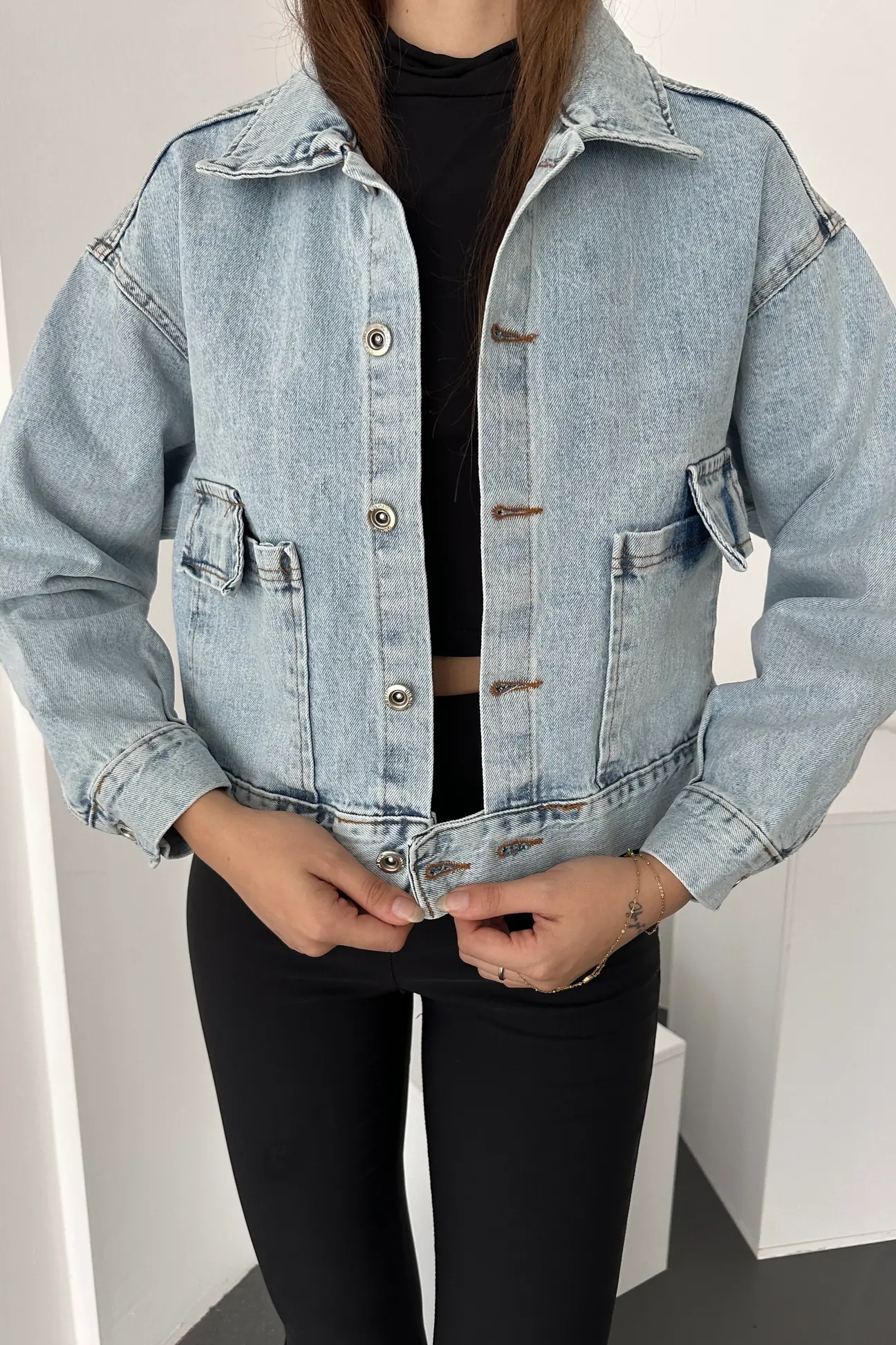 Lirya Prive Çift Cep Beli Düğme Detaylı Denim Ceket Mavi