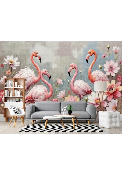 Flamingolar Renkli Çiçekler Poster Duvar Kağıdı
