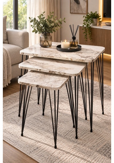 Sulorahome 3'lü Mermer Desenli Metal Tel Zigon Sehpa Takımı Beyaz