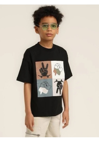 Escabel Erkek Çocuk Şapka Desenli Tasarım Pamuklu T-shirt-15627 SIYAH