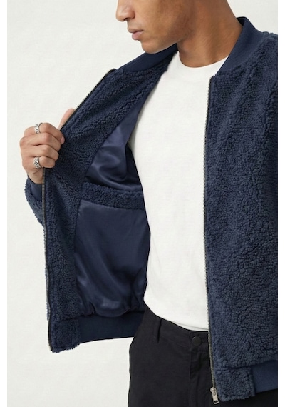 Genius Store Erkek Mont Peluş İçi Astarlı Oversize Geniş Kalıp Sherpa Kuzu Kumaş Spor Mont Lacivert
