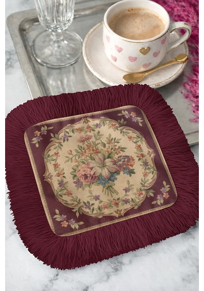 Zarif Vintage Çiçekli Saçaklı Sunum Servis Altlığı Mendil-chic Nostaljik Bordo Krem Sunumluk Peçete Çok Renkli