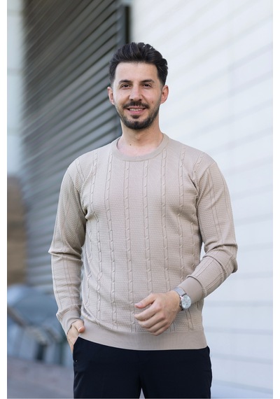 Hk Premium Bisiklet Yaka Örgü Desenli Slim Fit Triko Kazak Bej