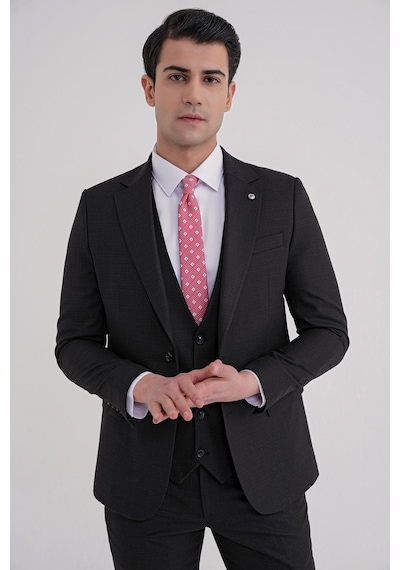 Efor Slim Fit Mono Yaka Çift Yırtmaç Armürlü Esnek Yünlü Siyah Yelekli Klasik Takım Elbise Tk 933 Siyah Efor Slim Fit Mono Yaka Çift Yırtmaç Armürlü Esnek Yünlü Siyah Yelekli Klasik Takım Elbise Tk 933 Siyah
