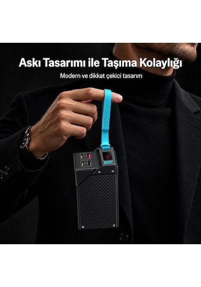 Bix Pb3010w 30000mah 65w Süper Hızlı Şarj Askı Tasarımlı Powerbank 4 Portlu Dijital Göstergeli Type-c Pd Taşınabilir Şarj Cihazı Siyah